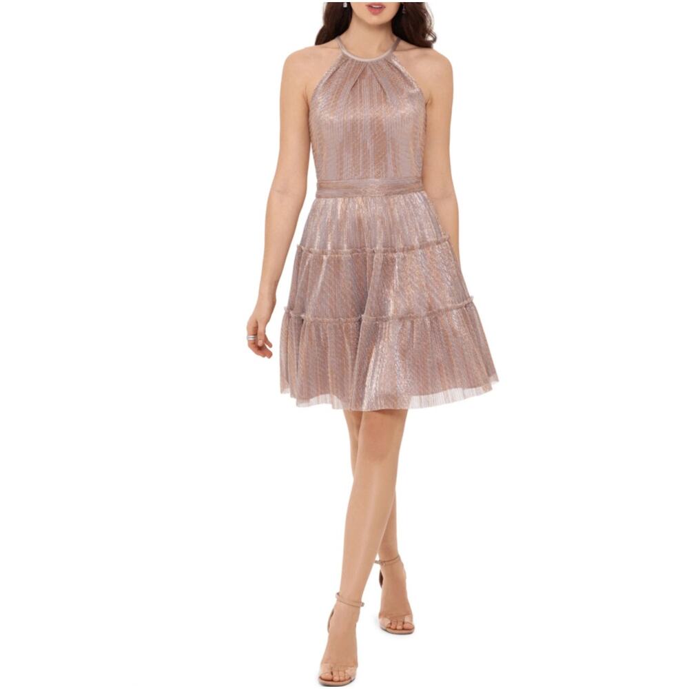 XSCAPE Sparkly Mini Fit and Flare Halter Cocktail Dress Metallic Pink Size 14